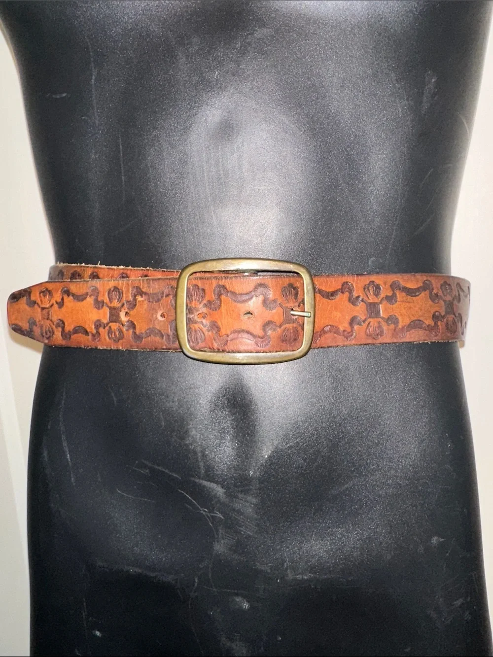 Vintage 70s Brown Tooled Leather Belt with Antique Brass Buckle